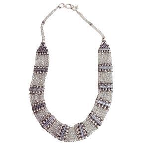 Womens Handmade Folk Bohemian‎ Silver & Clear Beaded Bib Necklace Jewelry